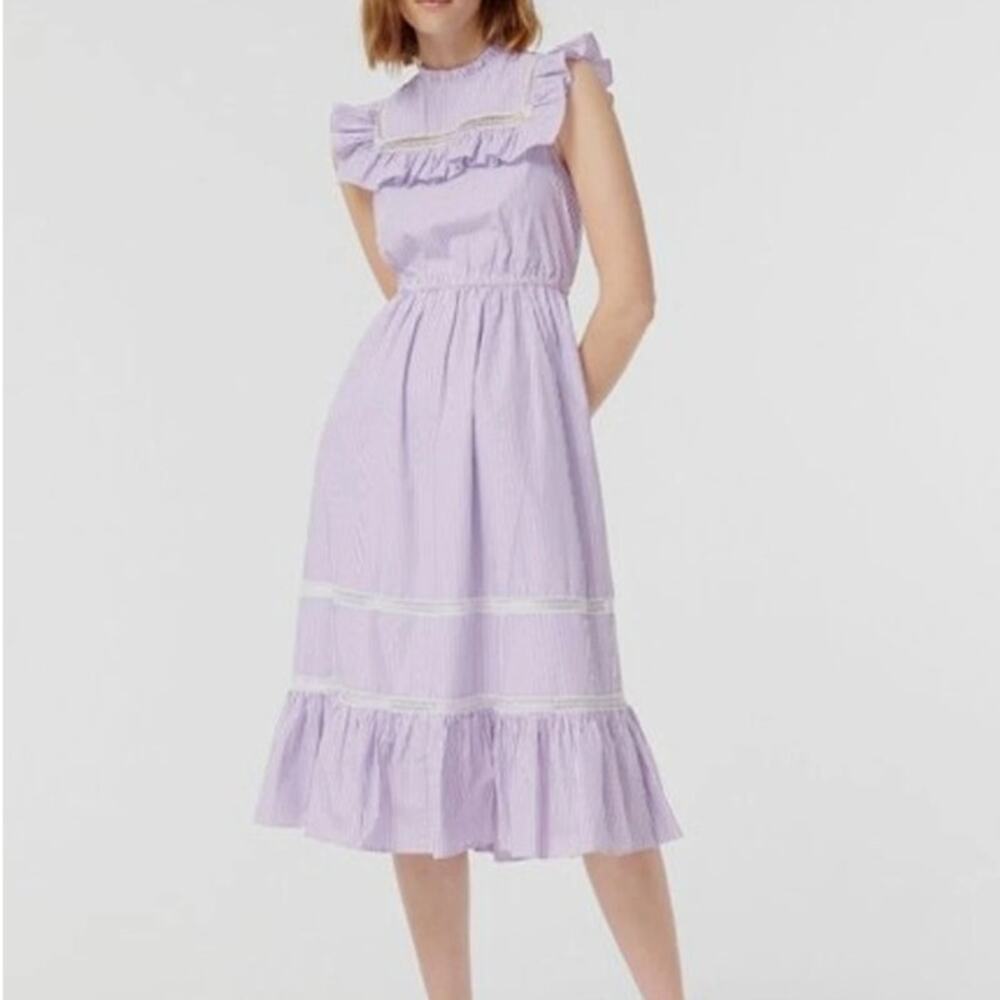 J.Crew Tiered Ruffle Midi Dress Womens XS Purple White Striped Cotton Sundress